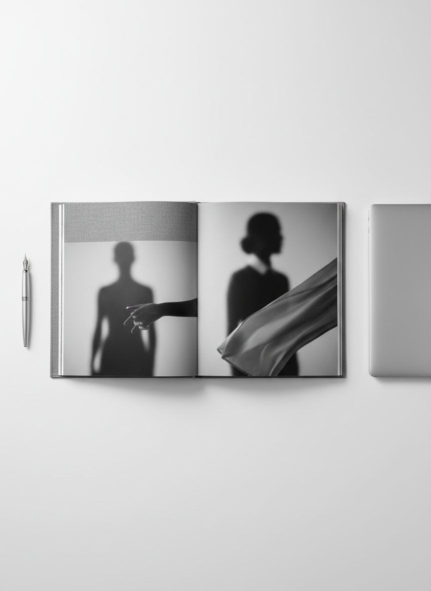 A large, ultra-thin photography portfolio book with a minimalist gray linen cover lies open on a pristine white desk, revealing two full-bleed, black-and-white portrait spreads without showing faces, only blurred silhouettes and carefully cropped details. A neatly aligned silver fountain pen and a closed laptop with a brushed aluminum finish frame the book on either side, creating a balanced, symmetrical layout. Cool, even studio lighting eliminates harsh contrasts, producing gentle, controlled shadows that suggest depth while preserving clarity. Shot from a slightly elevated angle with sharp focus throughout, the composition adheres to clean lines and precise spacing, conveying a refined, professional mood with a photographic realism and corporate, presentation-ready aesthetic.