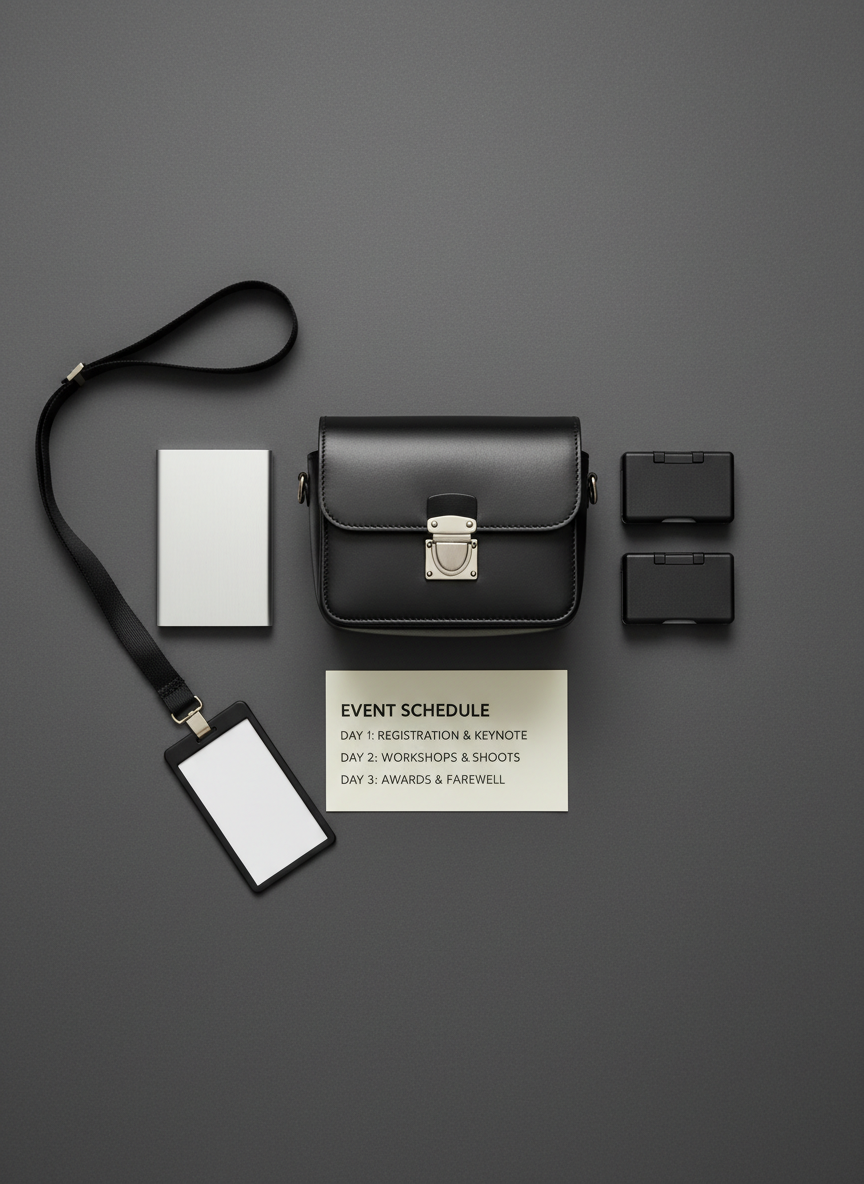 A precisely arranged event photography flat lay on a smooth charcoal-gray surface features a structured black leather camera bag, two neatly aligned memory card cases, a slim silver external hard drive, and a printed event schedule with clean sans-serif typography. A minimalist lanyard with a blank, white event badge lies diagonally, introducing a dynamic yet orderly line through the composition. Soft overhead studio lighting creates crisp but controlled shadows that emphasize the geometry of each object without visual noise. Shot directly from above with perfect symmetry and balanced negative space, the image exudes efficiency, reliability, and professional planning. The photographic style is sharp, realistic, and understated, embodying a corporate-ready visual language suitable for a polished event photography portfolio.