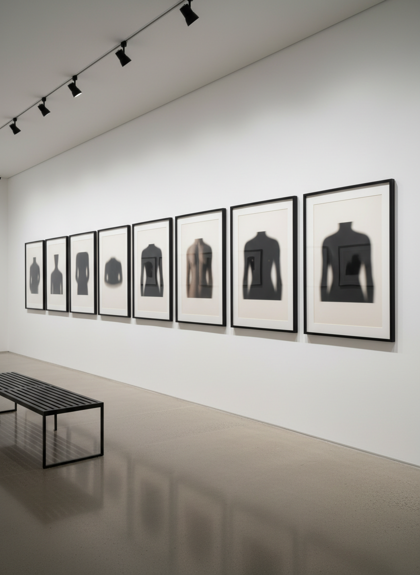 A row of elegantly framed, large-format portrait photographs hangs on a smooth, matte white gallery wall, each frame featuring a thin black metal border and wide white matting. The images themselves are intentionally abstracted, with soft-focus silhouettes and cropped shoulders that suggest human presence without visible faces. A minimalist black bench sits parallel to the wall on a polished light concrete floor, its reflection faintly visible. Overhead track lighting casts controlled, even beams onto each frame, creating subtle vignettes and gentle shadows that emphasize the structure of the display. Captured from a slightly off-center, eye-level perspective with strong linear perspective and sharp focus, the scene feels curated, calm, and professional, evoking a high-end photography exhibit with a clean, modern corporate aesthetic.