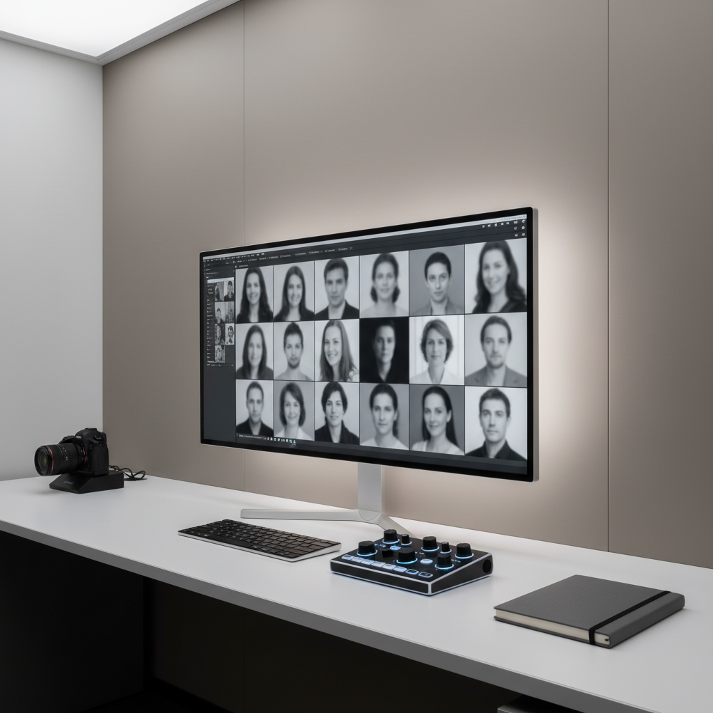 A modern desktop editing workstation dedicated to photography stands against a smooth, light taupe wall, featuring a large, ultra-thin monitor displaying a grid of softly blurred, monochrome portrait thumbnails. The monitor rests on a clean white desk, accompanied by a low-profile wireless keyboard, a precision editing console with illuminated dials, and a closed, slate-gray notebook positioned parallel to the desk edge. Subtle LED backlighting behind the monitor casts a gentle halo onto the wall, while overhead diffused lighting ensures even illumination and minimal glare. Captured from a three-quarter angle with a moderate depth of field, the composition emphasizes horizontal and vertical lines, reinforcing order and clarity. The overall mood is focused, efficient, and contemporary, with a photographic realism and corporate aesthetic aligned to a professional photographer’s portfolio brand.