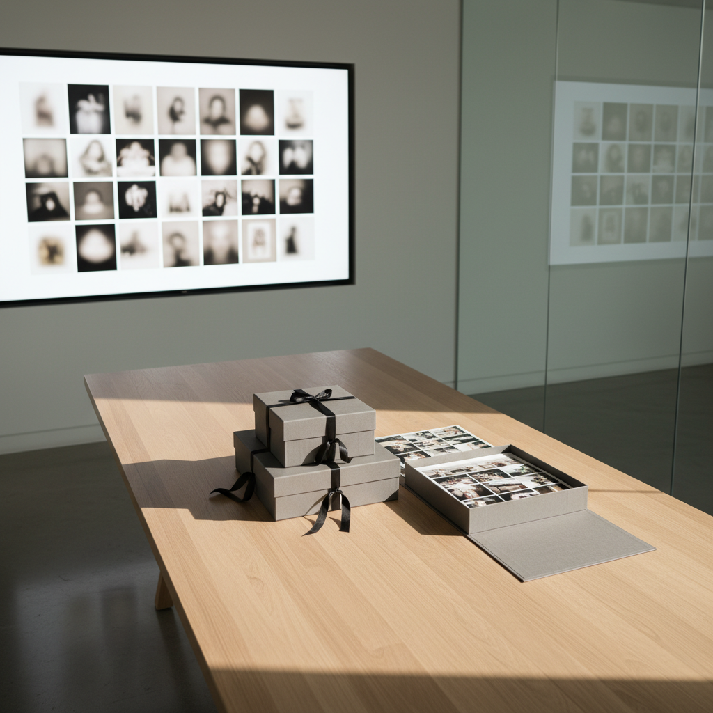 A minimalist client presentation setup shows a large, wall-mounted screen in a sleek conference room, displaying a clean grid layout of blurred portrait and event thumbnails in neutral tones. Below, a long, light oak meeting table holds a neatly stacked set of matte gray photo proof boxes, each tied with a thin black ribbon, and a single open box revealing contact sheets with tiny, softly out-of-focus images. The room’s glass wall reflects soft, diffused daylight, creating subtle, elongated shadows along the table. Captured from a slightly elevated corner angle, the composition uses leading lines from the table edges to guide the eye toward the screen. The scene feels polished, controlled, and corporate, with photographic realism and a structured, presentation-ready mood ideal for a professional photography portfolio context.